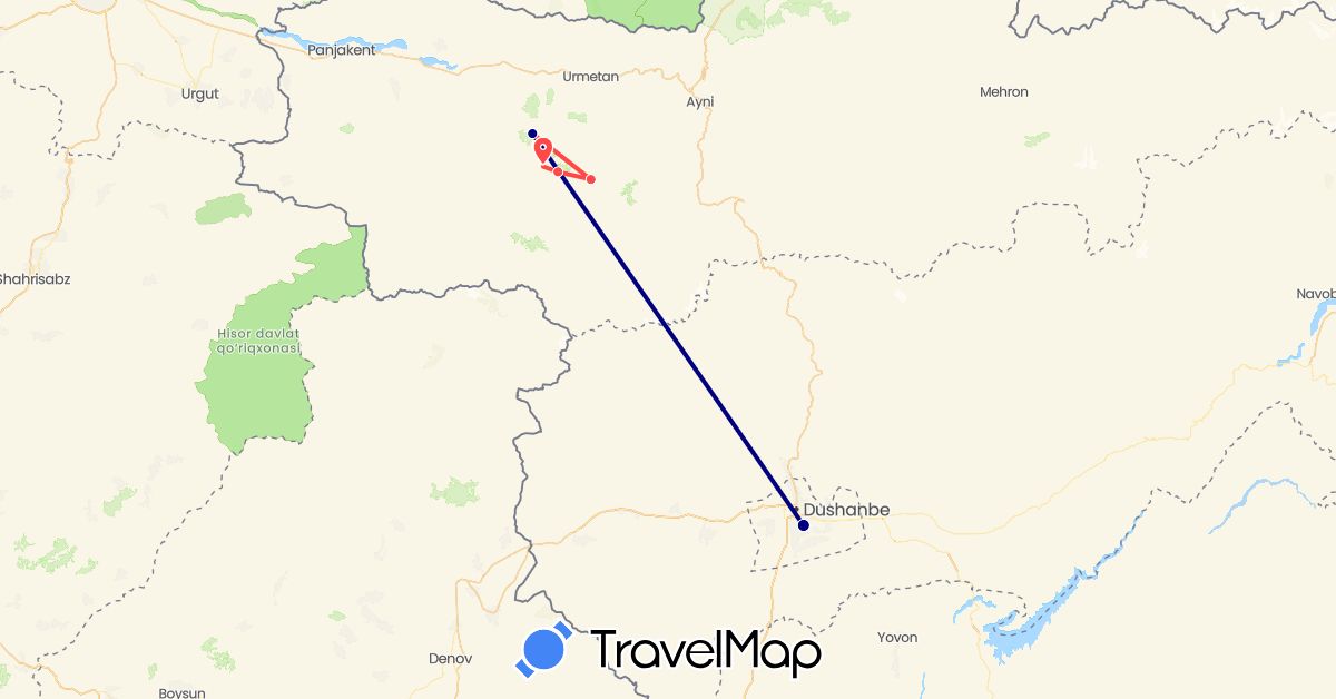 TravelMap itinerary: driving, hiking in Tajikistan (Asia)